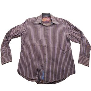 Robert Graham Mens Striped Button Down Shirt Blue Purple Embroidery Large